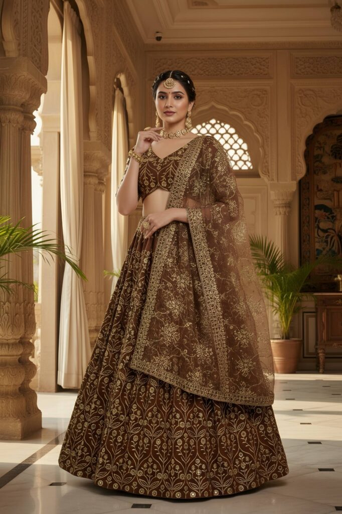 brown designer lehenga choli with sequins & zari embroidery