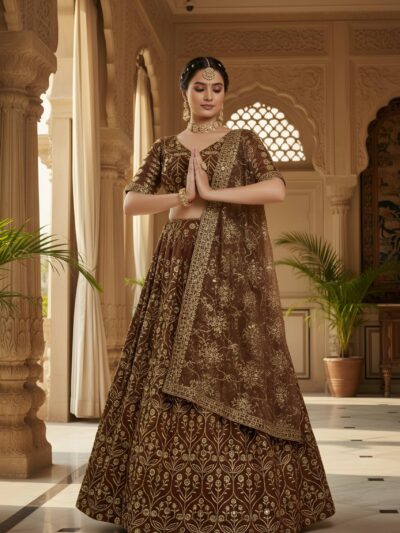 brown designer lehenga choli with sequins & zari embroidery