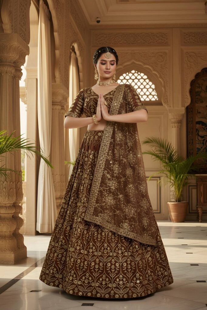 brown designer lehenga choli with sequins & zari embroidery