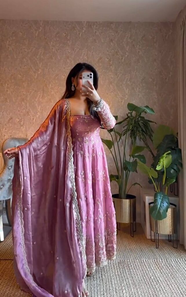 designer party wear embroidered fandy silk gown set