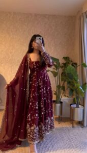 Modern vs. Traditional: The Complete Karwa Chauth Fashion Edit designer party wear embroidered fandy silk gown set