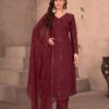 maroon embroidered straight cut suit with dupatta