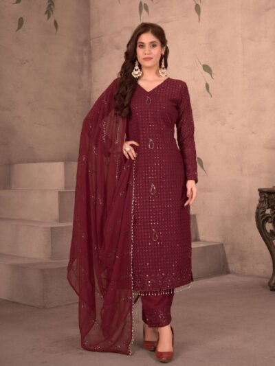 maroon embroidered straight cut suit with dupatta