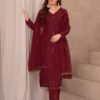 maroon embroidered straight cut suit with dupatta