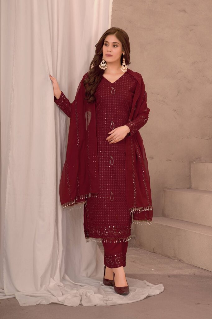 maroon embroidered straight cut suit with dupatta