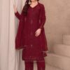 maroon embroidered straight cut suit with dupatta