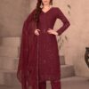 maroon embroidered straight cut suit with dupatta