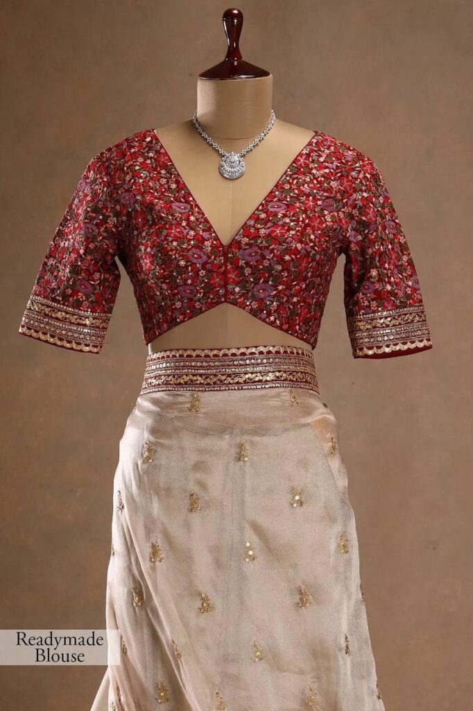 maroon jimichu designer saree with multi colour embroidered stitched blouse