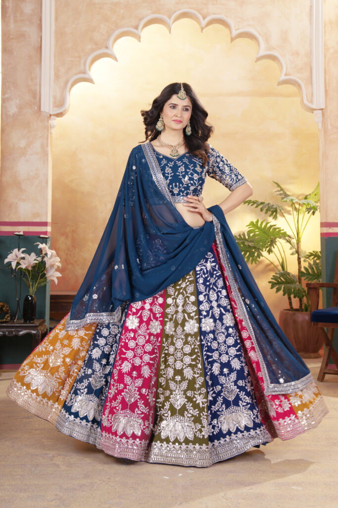multi panel faux georgette lehenga choli with sequins zari work