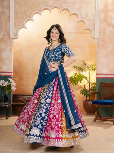 multi panel faux georgette lehenga choli with sequins zari work