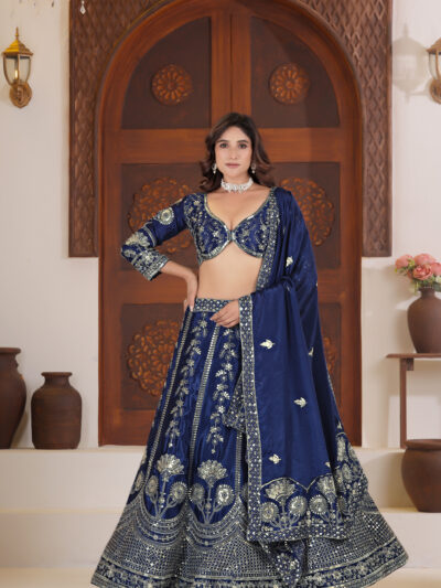 navy blue chinon silk lehenga choli with zari embroidery