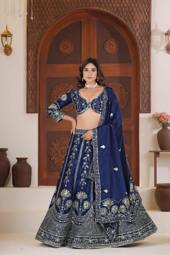 navy blue chinon silk lehenga choli with zari embroidery