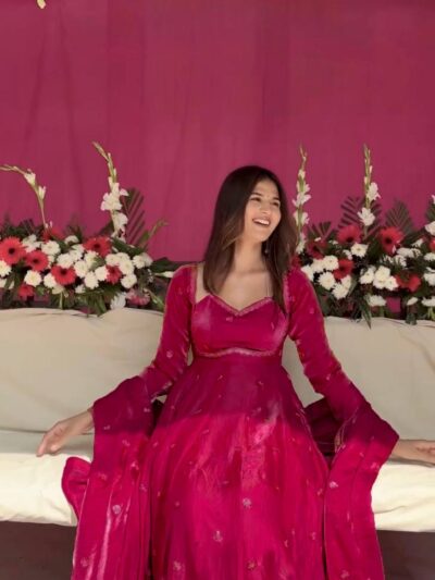 embroidered fandy silk gown set with dupatta & bottom