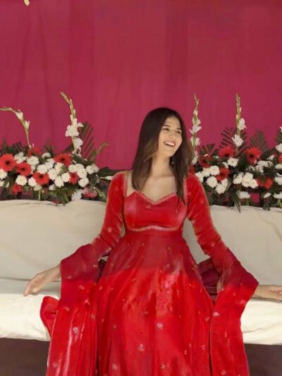 embroidered fandy silk gown set with dupatta & bottom