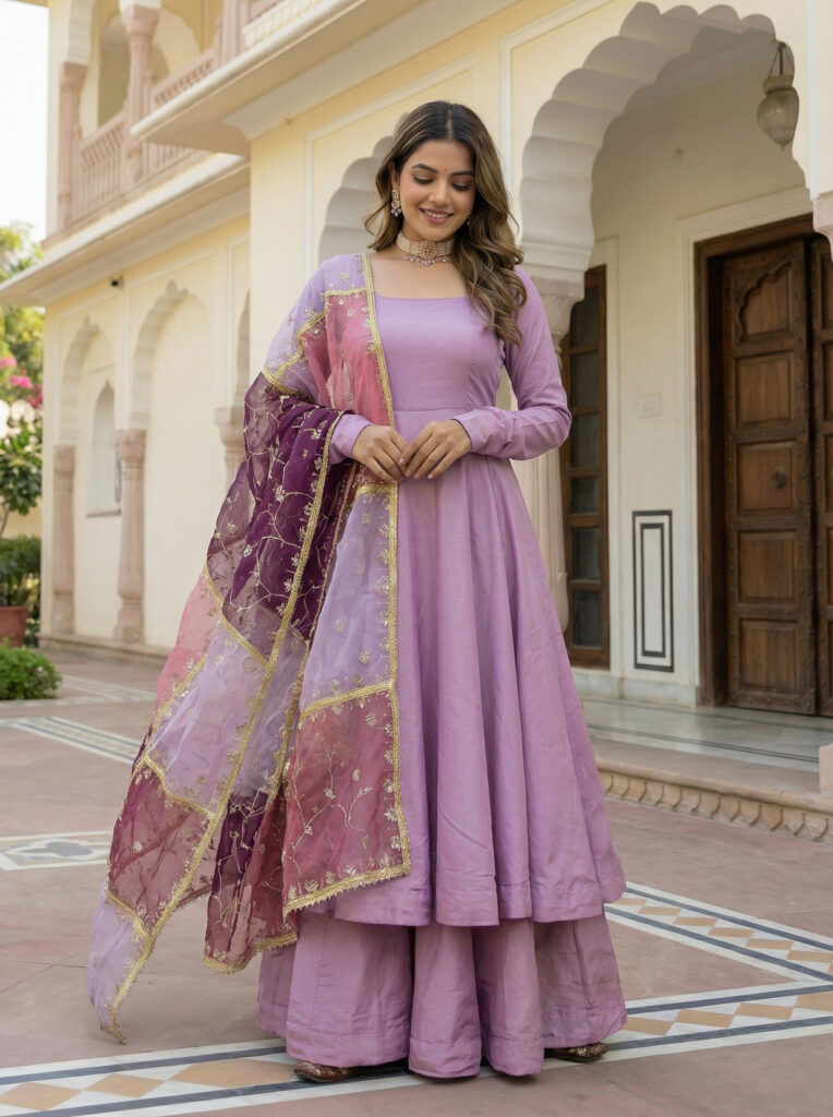 purple roman silk gown set with embroidered organza dupatta