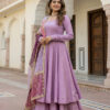 purple roman silk gown set with embroidered organza dupatta