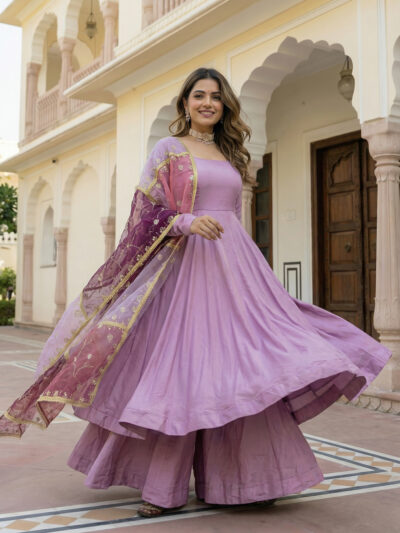 purple roman silk gown set with embroidered organza dupatta