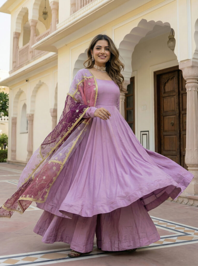 purple roman silk gown set with embroidered organza dupatta