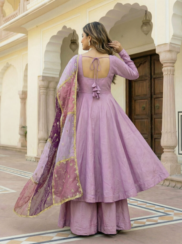 purple roman silk gown set with embroidered organza dupatta