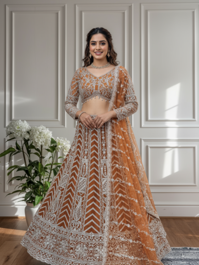 rust orange butterfly net lehenga choli with white embroidery
