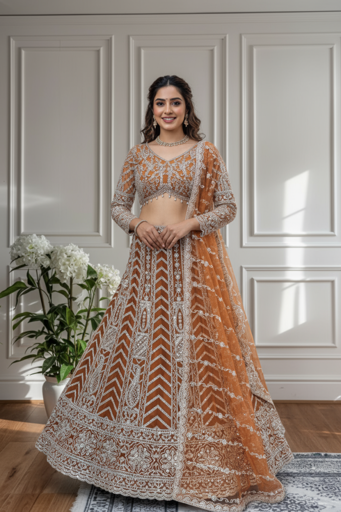 rust orange butterfly net lehenga choli with white embroidery