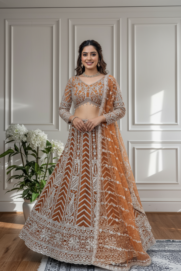 rust orange butterfly net lehenga choli with white embroidery