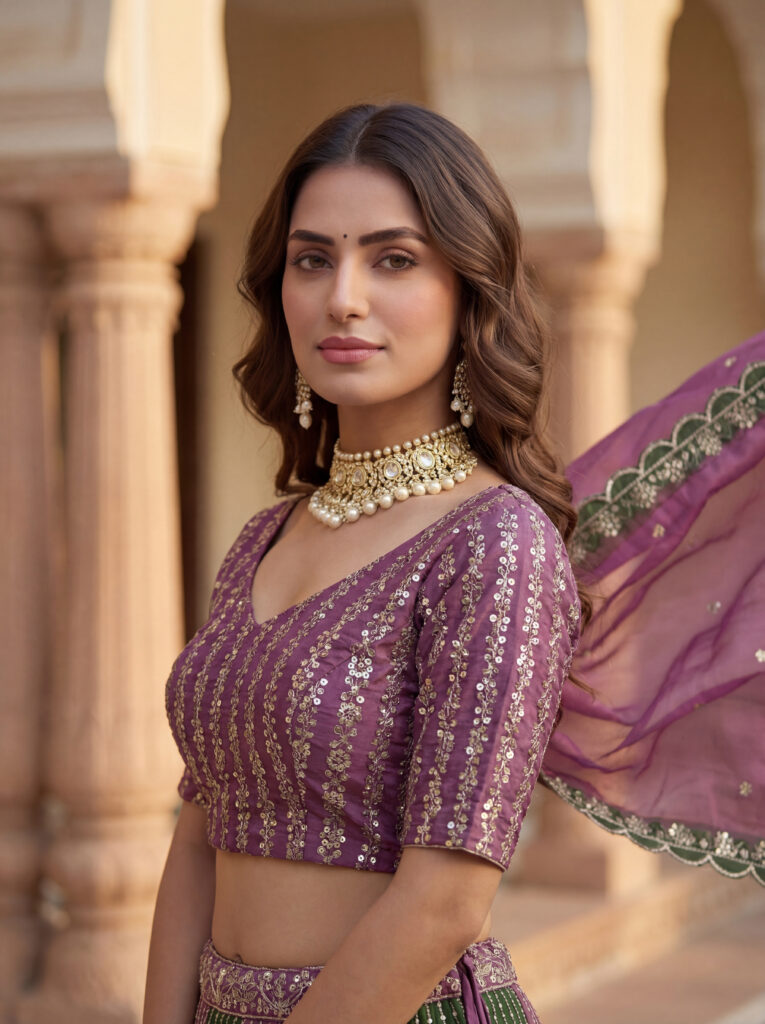 purple chinon silk lehenga choli with sequins embroidery