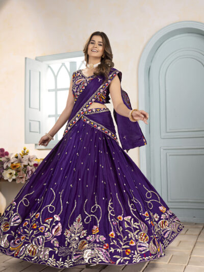 deep purple chinon silk lehenga choli with thread embroidery