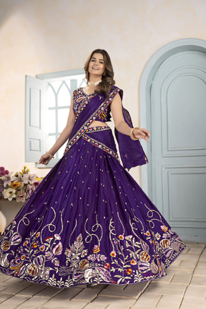 deep purple chinon silk lehenga choli with thread embroidery