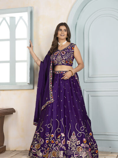 deep purple chinon silk lehenga choli with thread embroidery