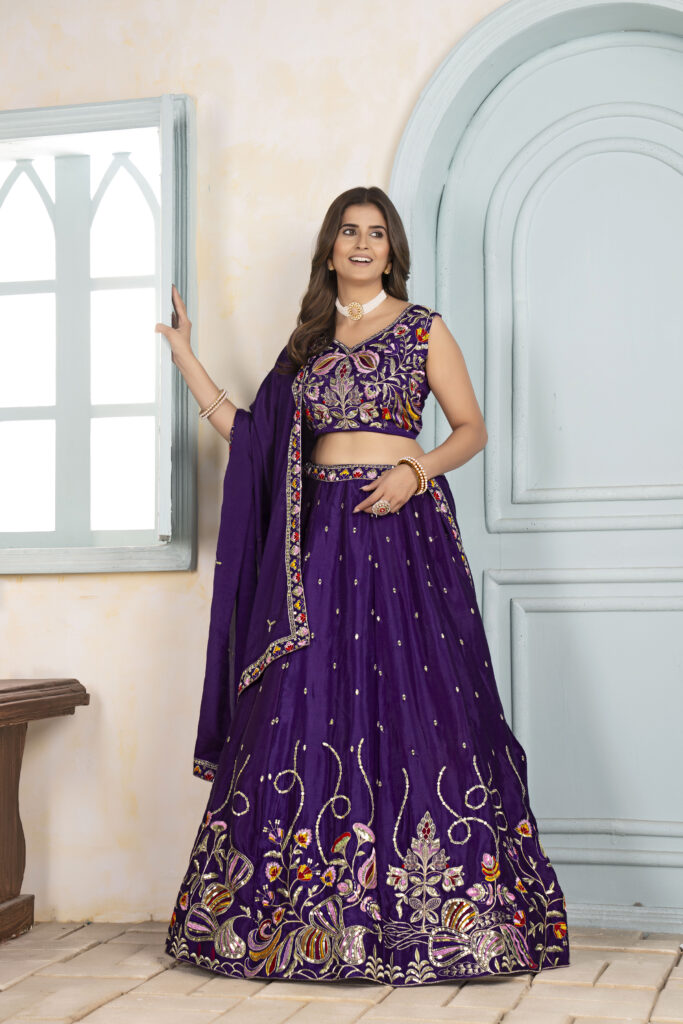 deep purple chinon silk lehenga choli with thread embroidery
