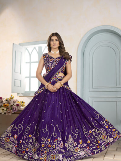 deep purple chinon silk lehenga choli with thread embroidery