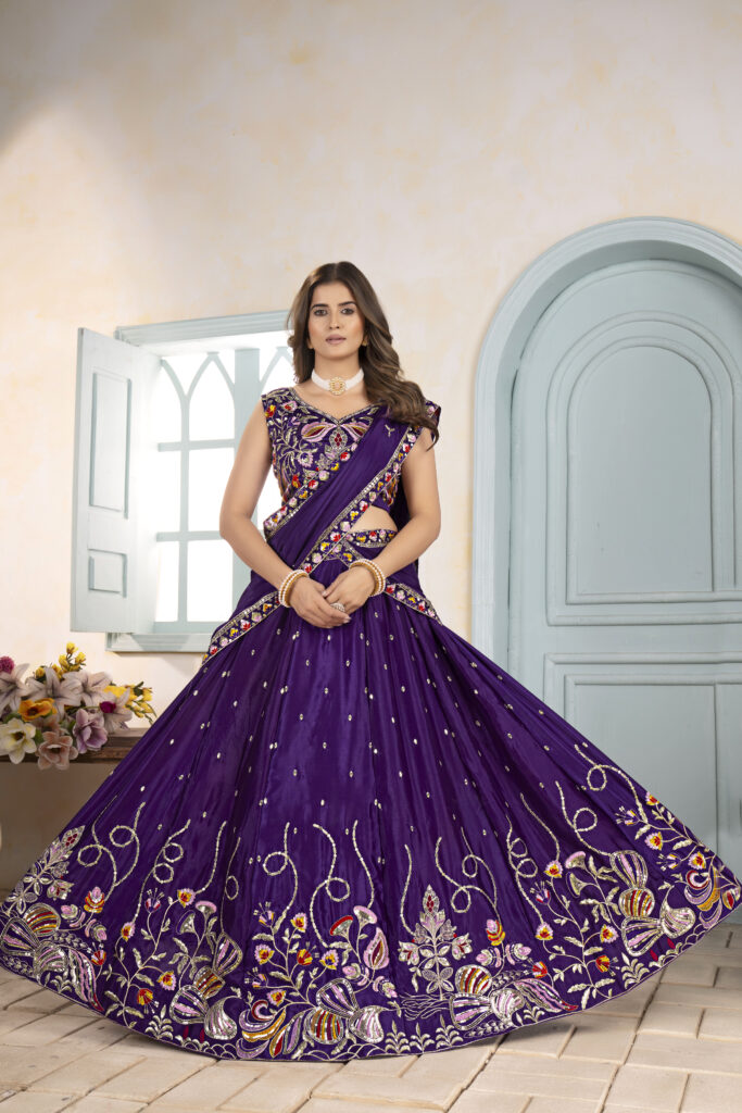 deep purple chinon silk lehenga choli with thread embroidery