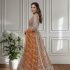 rust orange butterfly net lehenga choli with white embroidery