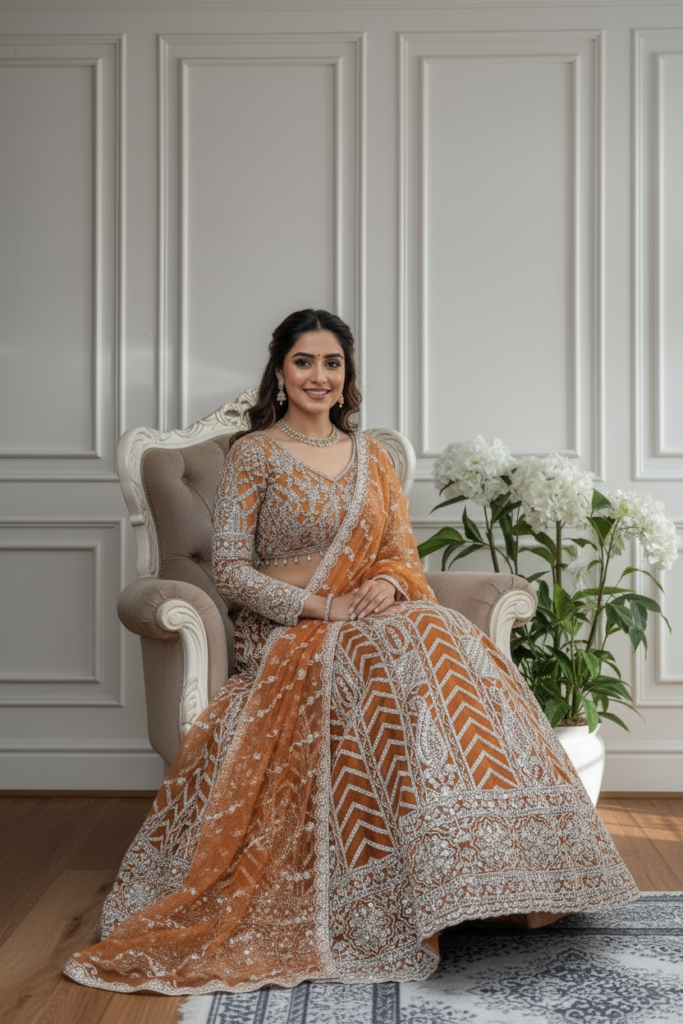 rust orange butterfly net lehenga choli with white embroidery