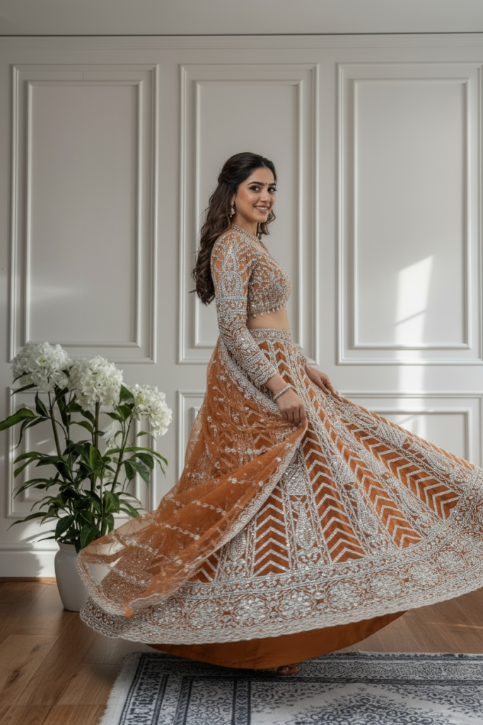 rust orange butterfly net lehenga choli with white embroidery