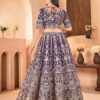 wine net lehenga choli with golden zari embroidery