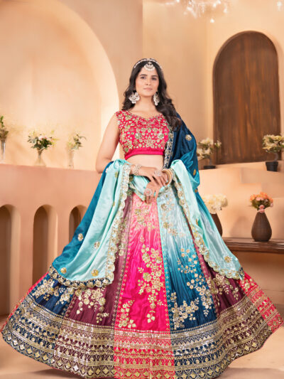 multicolor chinon lehenga choli with silver zari embroidery