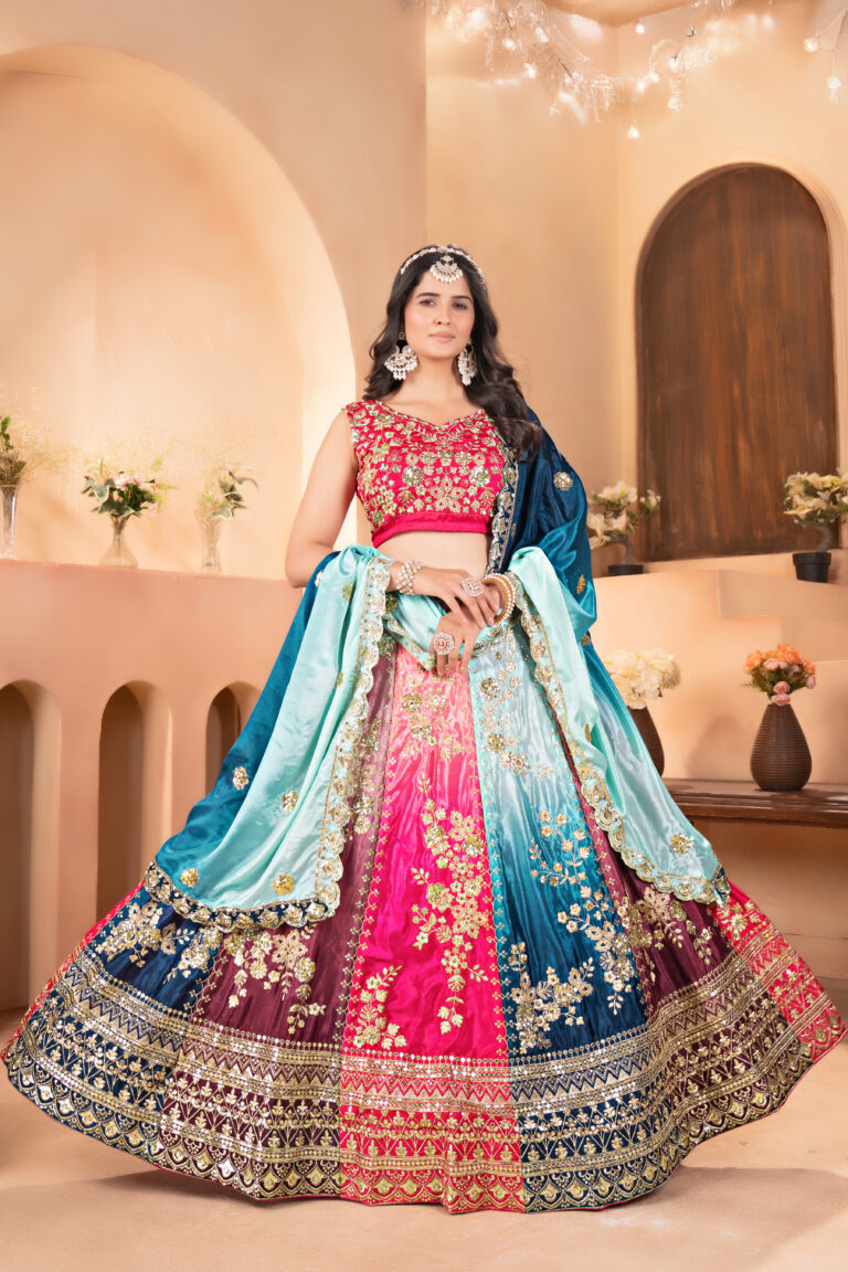 multicolor chinon lehenga choli with silver zari embroidery