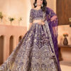 wine net lehenga choli with golden zari embroidery