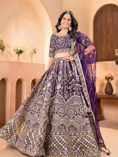 wine net lehenga choli with golden zari embroidery