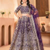 wine net lehenga choli with golden zari embroidery