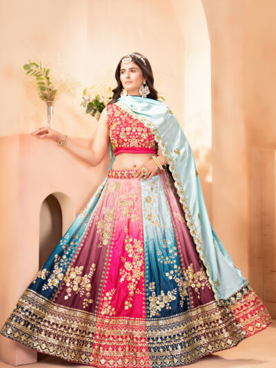 multicolor chinon lehenga choli with silver zari embroidery