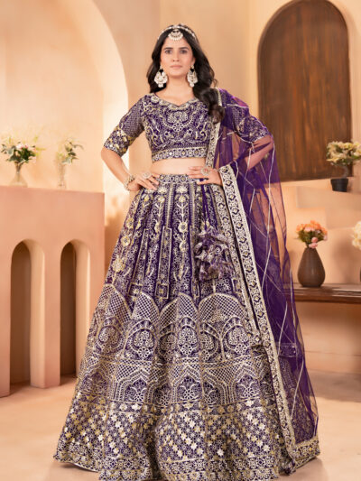 wine net lehenga choli with golden zari embroidery