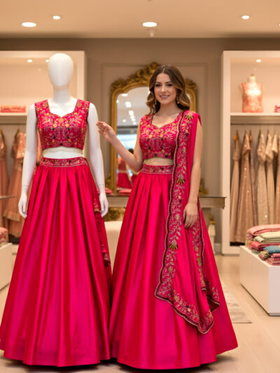 gold embroidered malai satin lehenga choli for weddings