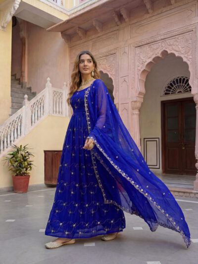 gold embroidered fandy silk anarkali gown with dupatta & bottom | festive wear gown