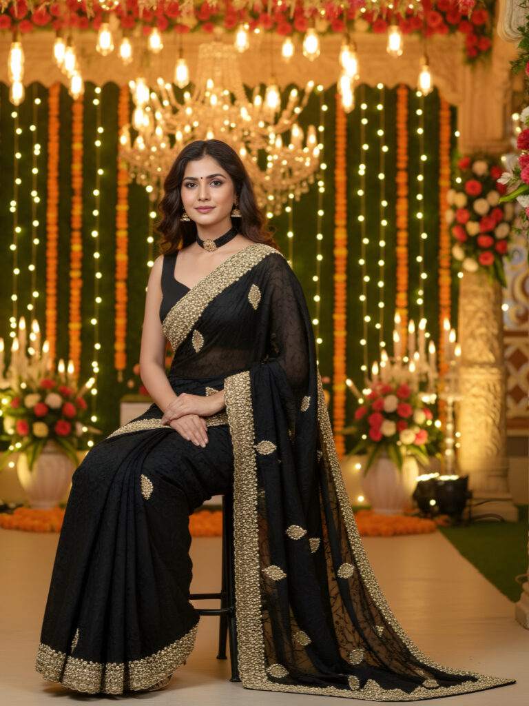 black party wear sanna silk saree with golden embroidery