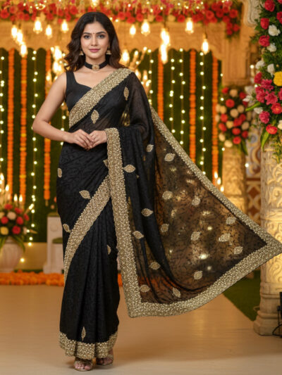 black party wear sanna silk saree with golden embroidery