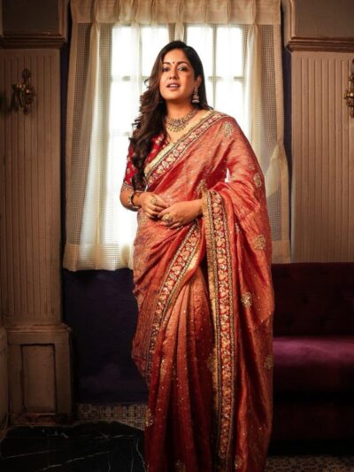 elegant maroon soft crush designer saree with embroidered blouse