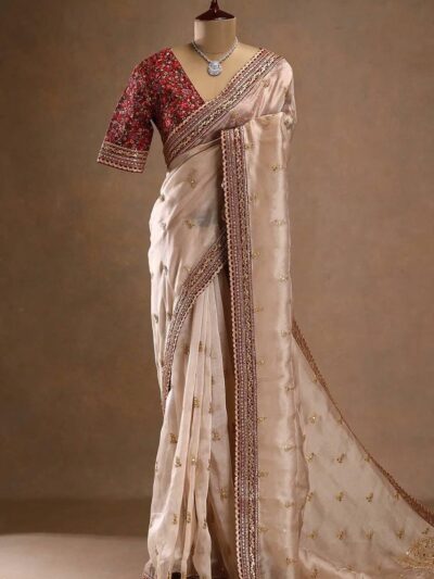 maroon jimichu designer saree with multi colour embroidered stitched blouse